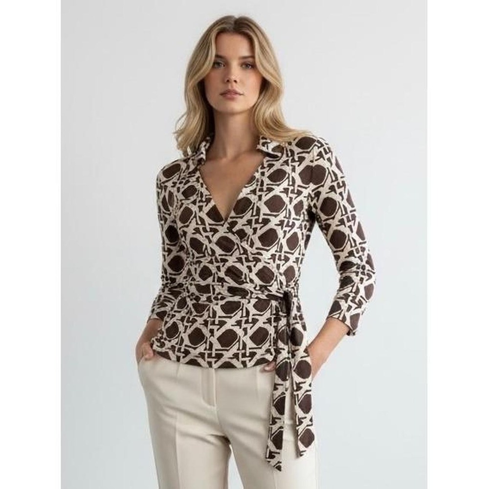 Diane von Furstenberg Jill Top Brown & Cream Geometric Silk Wrap Blouse 8